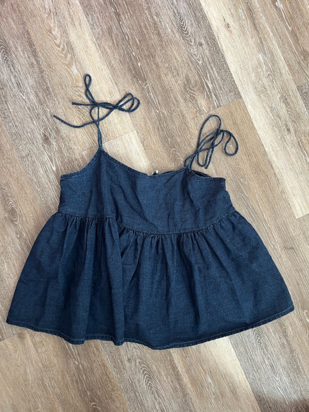 Dark Blue Denim Coquette Babydoll Tie Cami Blouse
